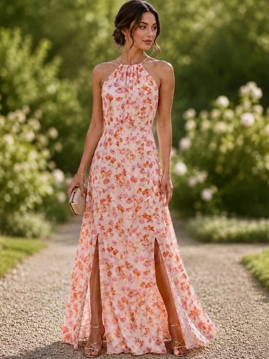 Maje Dresses & Skirts - MAJE Rispring Maxi Dress Luxe Floral Airy Satin Halter Gown Party Flowy Stunner